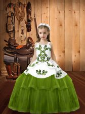 Perfect Olive Green Lace Up Straps Embroidery Girls Pageant Dresses Tulle Sleeveless