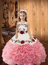 Custom Designed Pink Lace Up Little Girls Pageant Gowns Embroidery and Ruffles Sleeveless