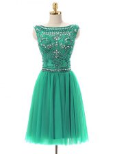  Turquoise Tulle Zipper Evening Dress Sleeveless Mini Length Beading