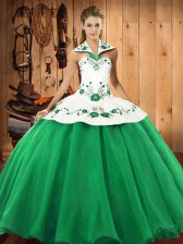 Superior Floor Length Lace Up 15th Birthday Dress Green for Military Ball and Sweet 16 and Quinceanera with Embroidery