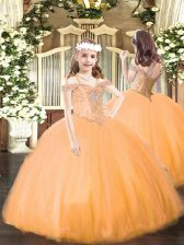 Fancy Orange Ball Gowns Tulle Off The Shoulder Sleeveless Beading Floor Length Lace Up Winning Pageant Gowns