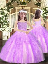Excellent Lilac Organza Lace Up Straps Sleeveless Floor Length Kids Pageant Dress Beading and Ruffles