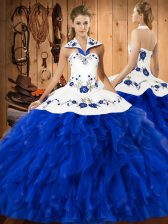 Gorgeous Satin and Organza Sleeveless Floor Length Quince Ball Gowns and Embroidery and Ruffles