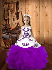 Trendy Eggplant Purple Sleeveless Embroidery and Ruffles Floor Length Kids Formal Wear