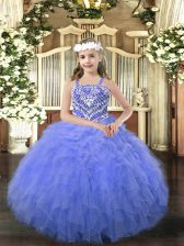 Affordable Blue Organza Lace Up Straps Sleeveless Floor Length Kids Formal Wear Beading and Ruffles