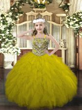 Best Floor Length Lace Up Little Girl Pageant Gowns Olive Green for Party and Quinceanera with Beading and Ruffles