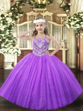  Sleeveless Floor Length Beading Lace Up Little Girl Pageant Dress with Lavender