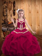  Floor Length Fuchsia Little Girls Pageant Gowns Straps Sleeveless Lace Up