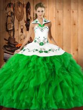 Nice Green Lace Up Halter Top Embroidery and Ruffles Ball Gown Prom Dress Satin and Organza Sleeveless