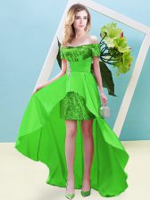  Elastic Woven Satin and Sequined Off The Shoulder Short Sleeves Lace Up Beading Prom Dress in Green