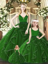 Sophisticated Green Ball Gowns Organza V-neck Sleeveless Beading and Ruffles Floor Length Zipper 15th Birthday Dress