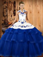  Blue Ball Gowns Embroidery and Ruffled Layers Quince Ball Gowns Lace Up Organza Sleeveless