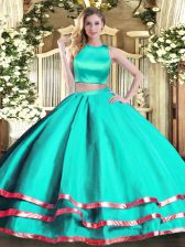  Aqua Blue Two Pieces Tulle High-neck Sleeveless Ruching Floor Length Criss Cross Quinceanera Gown