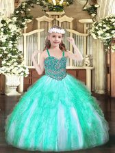  Sleeveless Floor Length Beading and Ruffles Lace Up High School Pageant Dress with Apple Green