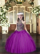Customized Halter Top Sleeveless Tulle Little Girl Pageant Gowns Beading and Ruffles Lace Up