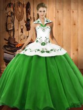  Floor Length Green Quinceanera Dresses Satin and Tulle Sleeveless Embroidery