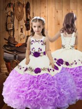  Lilac Straps Neckline Embroidery and Ruffles Pageant Dress for Womens Sleeveless Lace Up