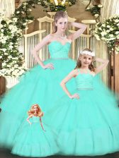 Shining Sleeveless Floor Length Lace and Ruffled Layers Zipper Sweet 16 Dresses with Apple Green