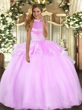 Custom Fit Lilac Ball Gowns Tulle Halter Top Sleeveless Beading and Ruffles Floor Length Backless Sweet 16 Dress