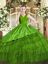 Fancy Olive Green Ball Gowns V-neck Sleeveless Satin and Organza Floor Length Zipper Embroidery and Ruffled Layers Quinceanera Dresses