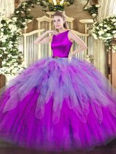 Great Scoop Sleeveless Sweet 16 Quinceanera Dress Floor Length Ruffles Multi-color Organza