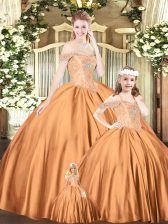 Pretty Orange Red Tulle Lace Up Sweet 16 Dress Sleeveless Floor Length Beading