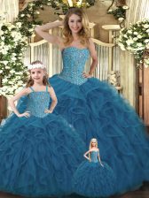 Glorious Sleeveless Floor Length Beading and Ruffles Lace Up Quinceanera Dress with Teal 