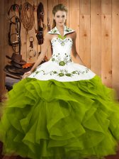 Olive Green Tulle Lace Up Halter Top Sleeveless Floor Length Vestidos de Quinceanera Embroidery and Ruffles