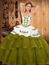  Olive Green Lace Up Strapless Embroidery and Ruffled Layers Vestidos de Quinceanera Tulle Sleeveless Sweep Train