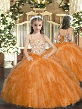  Straps Sleeveless Kids Pageant Dress Floor Length Beading and Ruffles Orange Organza