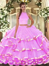 Hot Sale Sleeveless Organza Floor Length Backless Quinceanera Gown in Lilac with Beading and Ruffled Layers