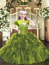 Glorious Olive Green Sleeveless Beading and Ruffles Floor Length Pageant Dress for Girls