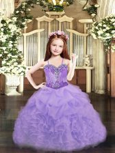 Customized Lavender Lace Up Pageant Dresses Beading and Ruffles and Pick Ups Sleeveless Floor Length