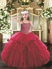  Red Tulle Lace Up Little Girls Pageant Gowns Sleeveless Floor Length Beading and Ruffles