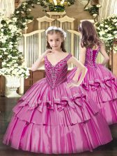 Ball Gowns Little Girl Pageant Dress Fuchsia V-neck Organza Sleeveless Floor Length Lace Up