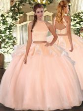 Exceptional Floor Length Two Pieces Sleeveless Peach Quinceanera Dress Backless