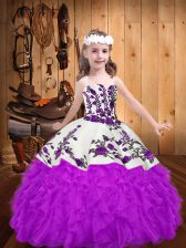  Purple Sleeveless Floor Length Beading and Embroidery and Ruffles Lace Up Child Pageant Dress