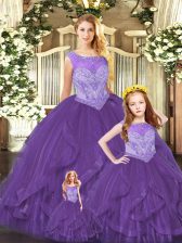 Custom Designed Floor Length Purple 15th Birthday Dress Organza Sleeveless Beading and Ruffles