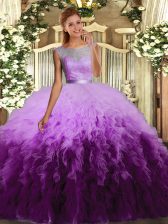 Sleeveless Organza Floor Length Backless Sweet 16 Dress in Multi-color with Ruffles