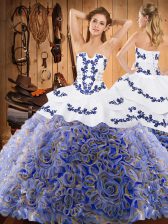 Sexy Satin and Fabric With Rolling Flowers Sleeveless With Train Quinceanera Dresses Sweep Train and Embroidery