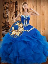Affordable Sleeveless Satin and Organza Floor Length Lace Up Sweet 16 Dresses in Blue with Embroidery and Ruffles