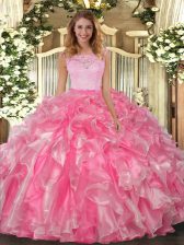Admirable Organza Scoop Sleeveless Clasp Handle Lace and Ruffles Quinceanera Gown in Hot Pink