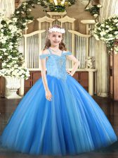  Baby Blue Tulle Lace Up Pageant Dresses Sleeveless Floor Length Beading