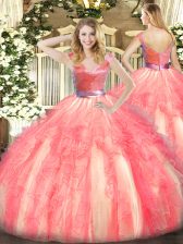  Ball Gowns Quinceanera Gowns Watermelon Red V-neck Tulle Sleeveless Floor Length Zipper