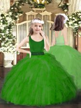  Floor Length Green Kids Pageant Dress Tulle Sleeveless Beading and Ruffles