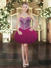  Fuchsia Tulle Lace Up Sweetheart Sleeveless Mini Length Evening Dress Beading and Ruffles