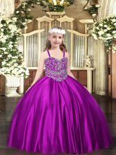 Nice Purple Sleeveless Beading Floor Length Pageant Gowns For Girls
