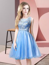 Designer Knee Length A-line Sleeveless Baby Blue Prom Evening Gown Zipper