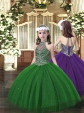  Dark Green Ball Gowns Tulle Halter Top Sleeveless Beading Floor Length Lace Up Little Girls Pageant Gowns