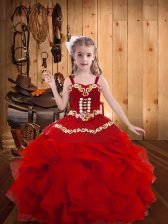  Embroidery and Ruffles Pageant Dress Toddler Red Lace Up Sleeveless Floor Length